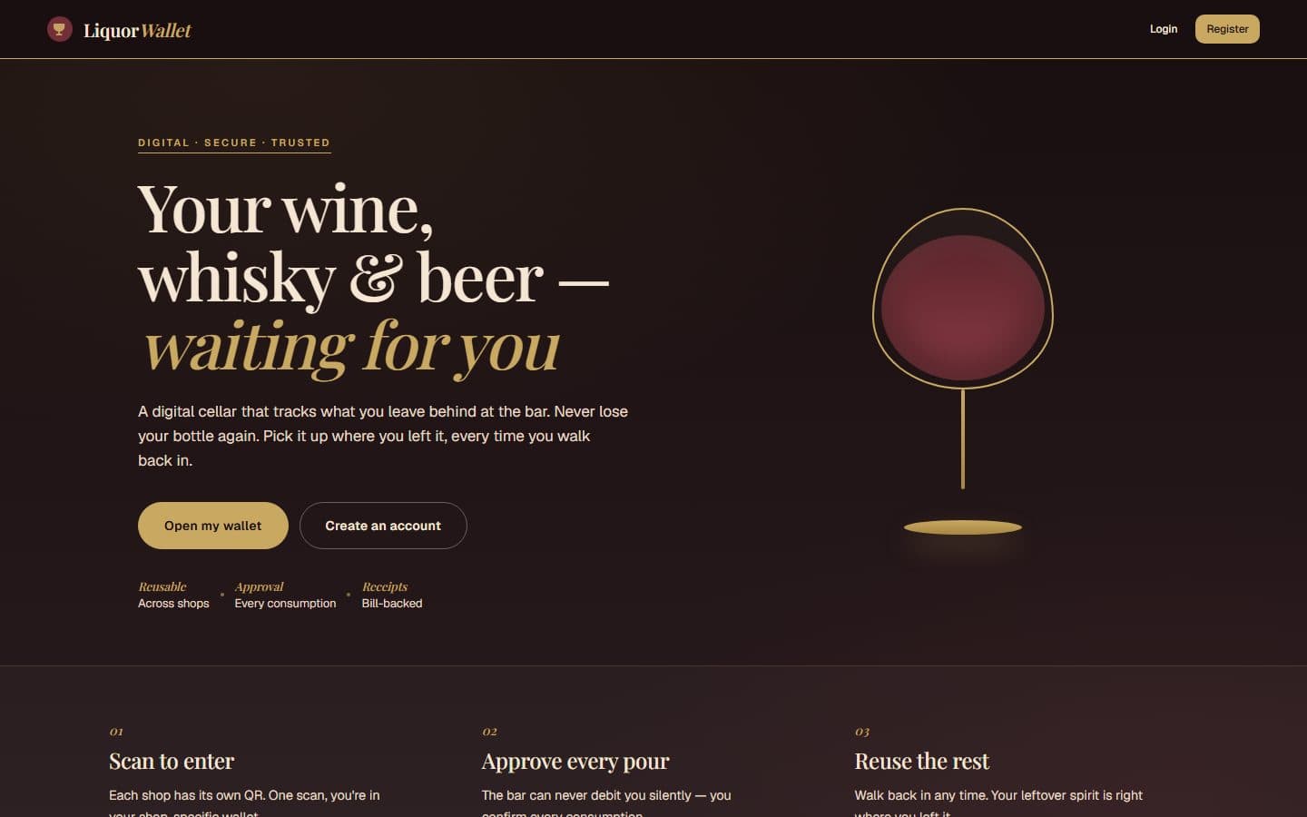 The Liquor Wallet home screen, showing the customer wallet and its call to action